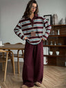 Long-sleeved Striped T-shirt, Polo Collar, Loose-fitting T-shirt