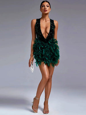 Deep V Hip Sequined Feathers Bodycon Short Dress