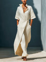 Casual V-neck Short-sleeved Tie-waist Solid Color Maxi Dresses