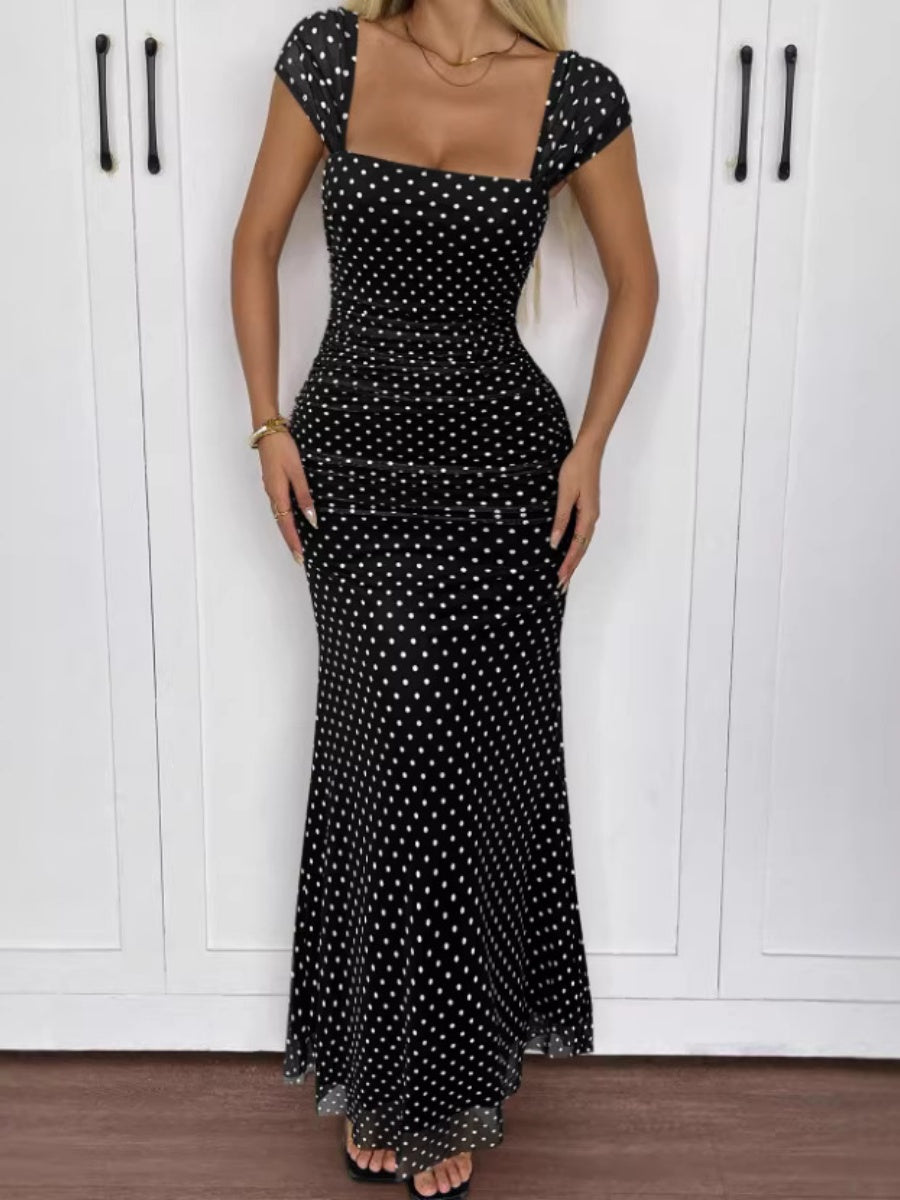 Polka Dot Ruched Mesh Fishtail Maxi Dress