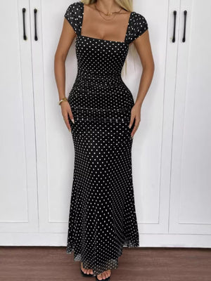 Polka Dot Ruched Mesh Fishtail Maxi Dress