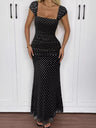 Polka Dot Ruched Mesh Fishtail Maxi Dress