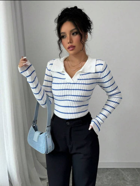 Liber Spring Women's Stripes V-neck Knitting Sweaters