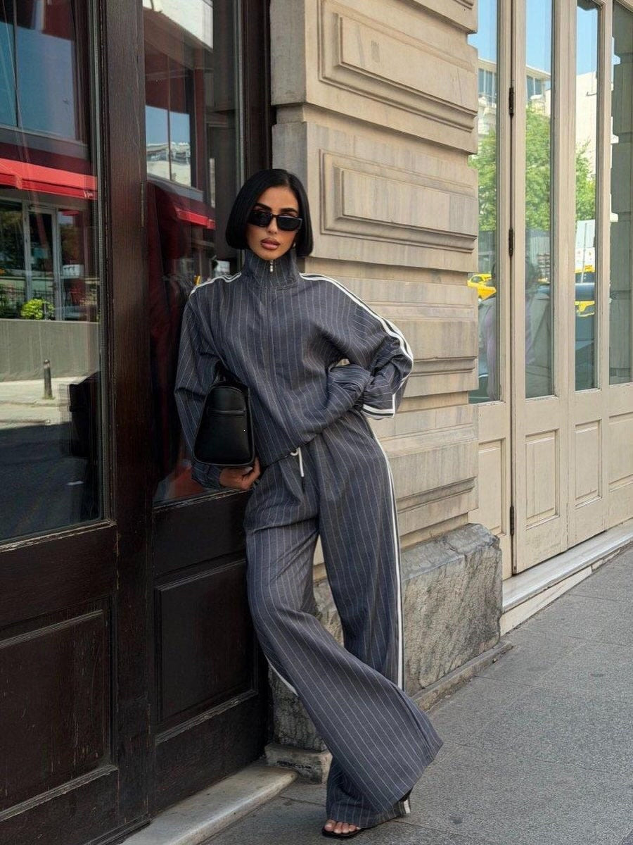 Women's Vertical Striped Three-Stripe Tracksuit Stand-up Collar Zip-up Jacket And High-waisted Wide-leg Trousers Two-piece Set