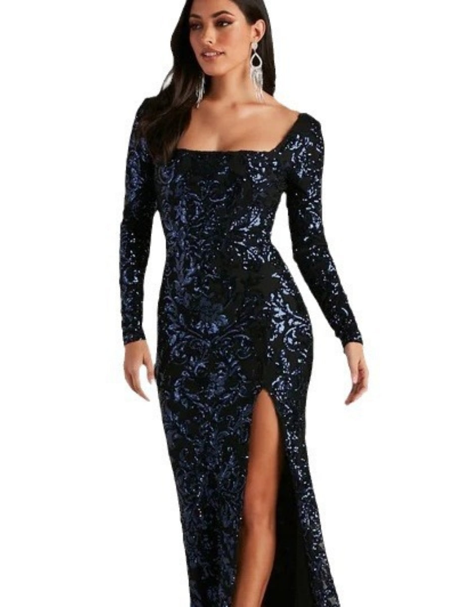 Liber Autumn women's sequins High slit Long-sleeved square-neck long dress