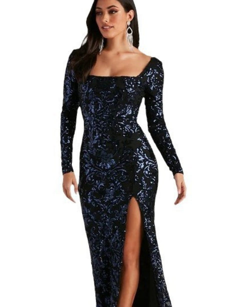 Liber Autumn women's sequins High slit Long-sleeved square-neck long dress