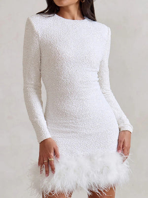 Liber Winter Women's Sequins Solid Color Long sleeve Feather Mini&Short Dresses