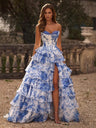 Floral Print Multi-Layer Herringbone Strapless Long Dress