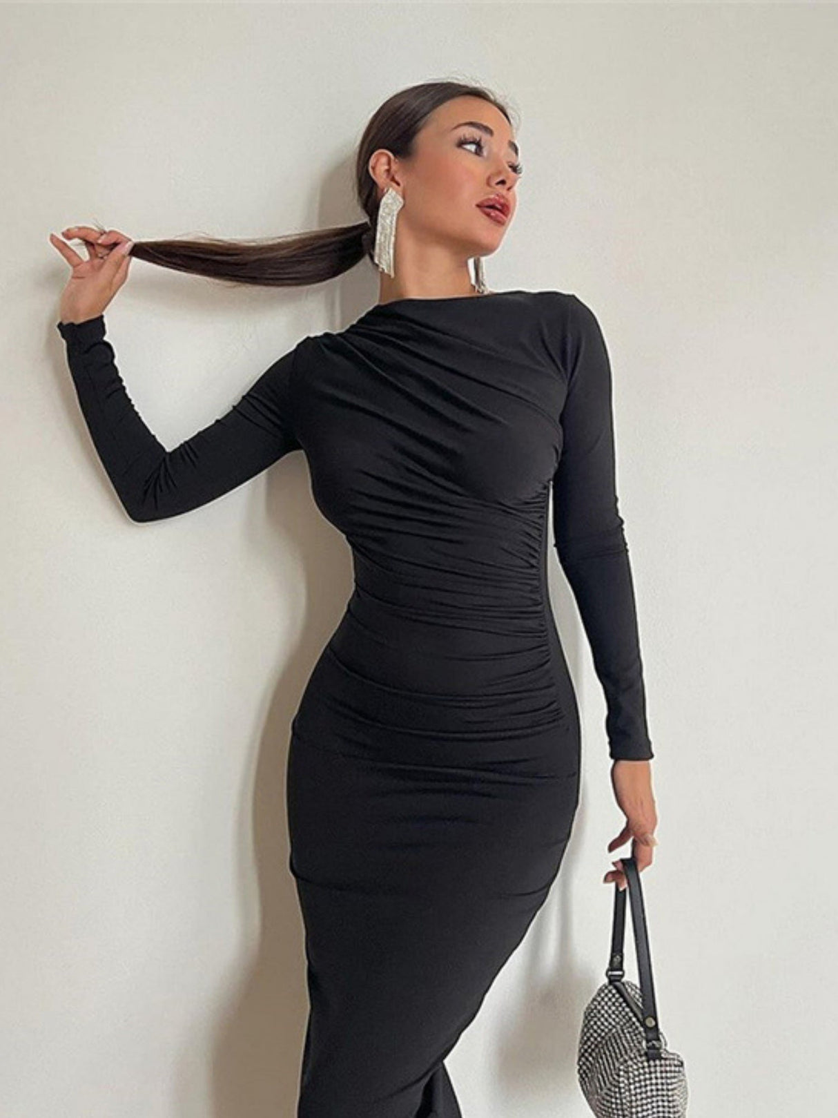 Pleated Sexy Slim Long Sleeve Solid Color Simple Temperament Hip Long Dress