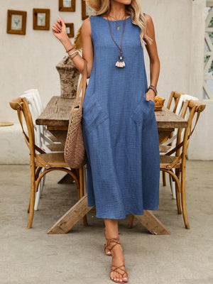 Pullover Crew Neck Sleeveless Pocket Solid Color Midi Dresses