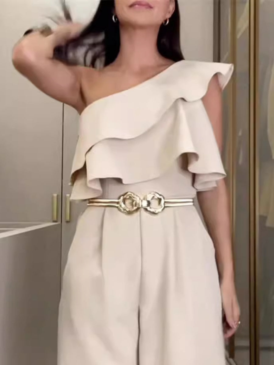 One Shoulder Commuting Ruffle Jumpsuits