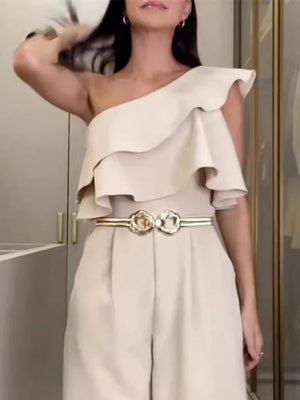 One Shoulder Commuting Ruffle Jumpsuits