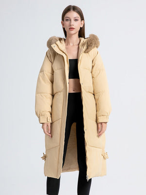 Women's Fur Collar Hooded Down Jacket, Extended Style, Knee-length Thickened Down Jacket，removable Collar