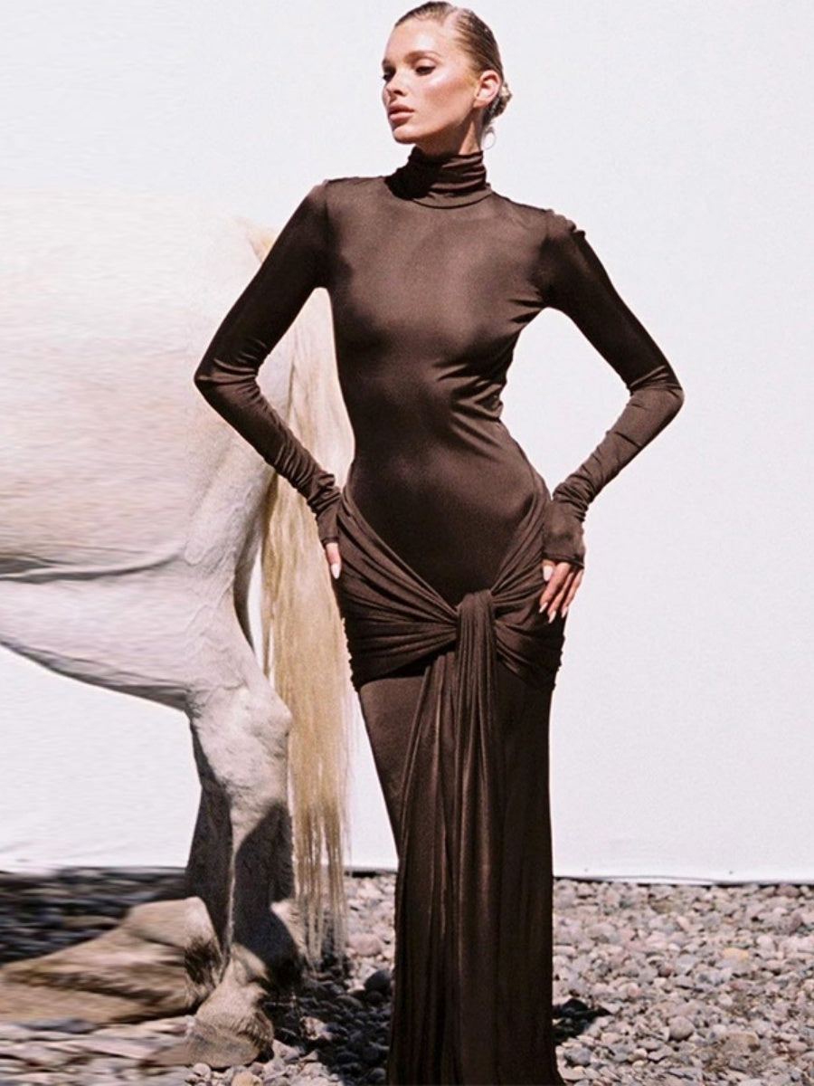 Turtleneck Long Sleeve Spliced Straps Slim Fit Maxi Dresses