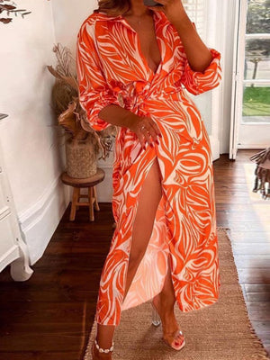 Wrap-up Shirt Collar Lace Up Printed Maxi Dresses