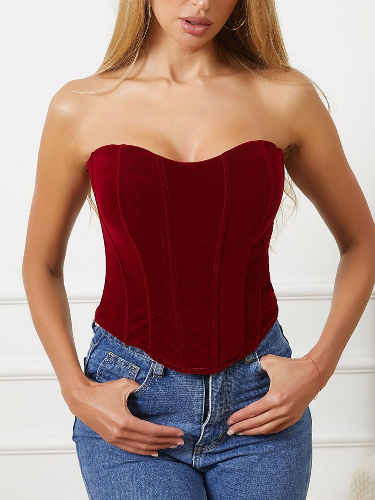 Velvet Waist-cinching And Backless With Breast Pads Fishbone Corset
