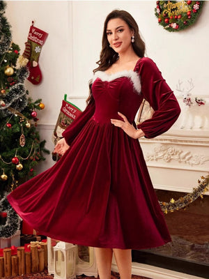 Christmas Long Sleeve Fur Collar Full Skirt Dress
