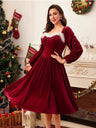 Christmas Long Sleeve Fur Collar Full Skirt Dress