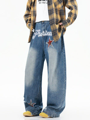 Letter Printed Washing Wide-leg Jeans
