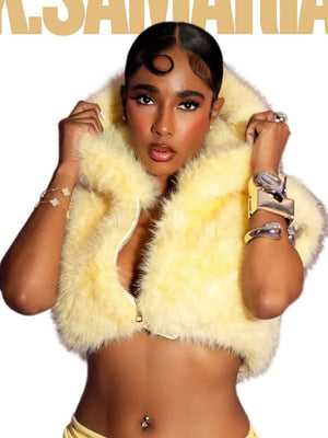 Faux Fur Zipper Hood Sleeveless Cropped Top Vest