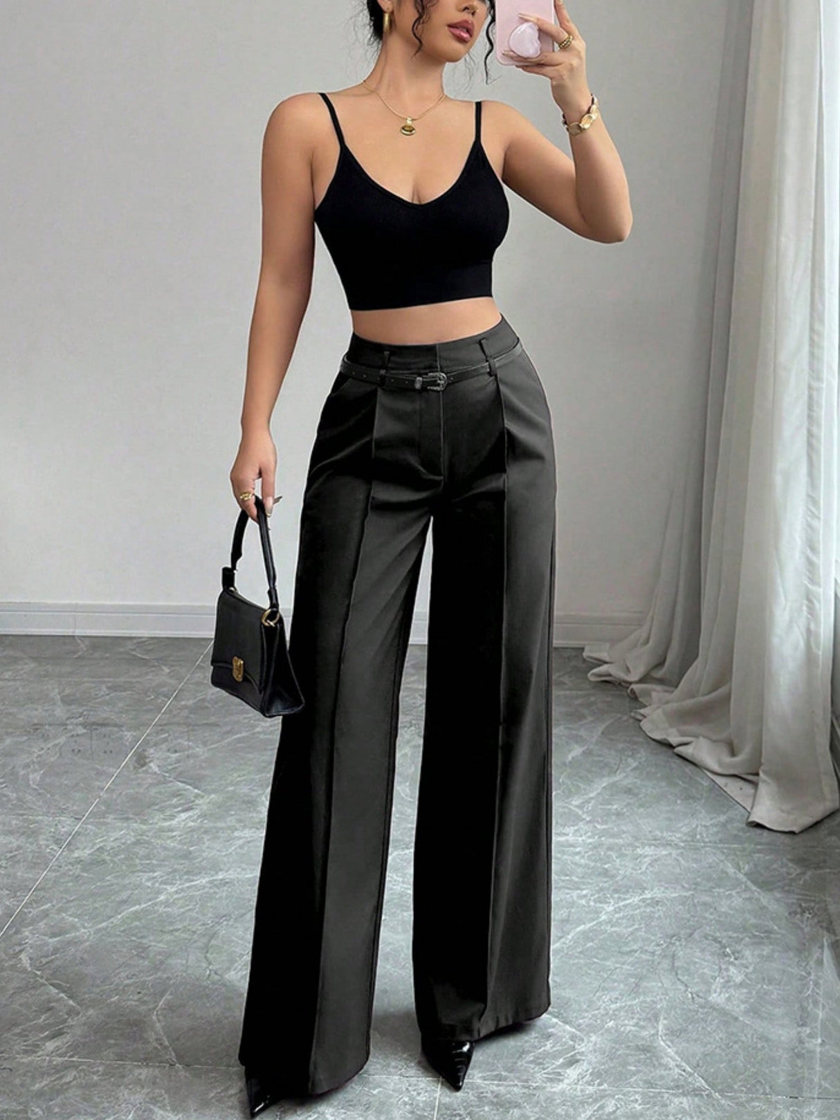 Women's Belted Wide-leg High-waisted Straight-leg Suit Trousers