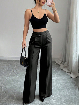 Women's Belted Wide-leg High-waisted Straight-leg Suit Trousers