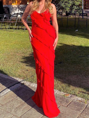 Ruffle Backless And Slit V-neck Suspenders Maxi Dresses