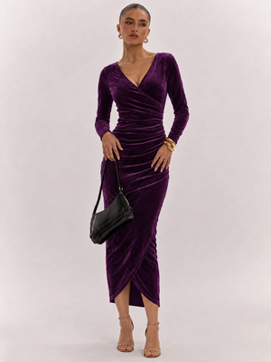 Goose Down V-neck Dress, Slim Fit, Pleated Patchwork, Irregular Skirt, Elegant Long Dress