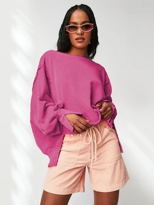 Women's Autumn/Winter Solid Color Frayed Edge Long Sleeve Side-Slit Sweatshirt