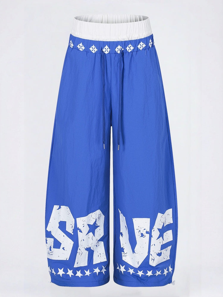 Layered-look Color Matching Wide-leg Vibe Letter Printed Double Waistband Pants