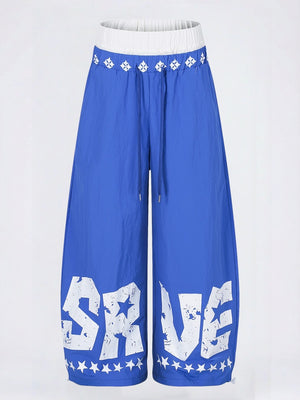 Layered-look Color Matching Wide-leg Vibe Letter Printed Double Waistband Pants