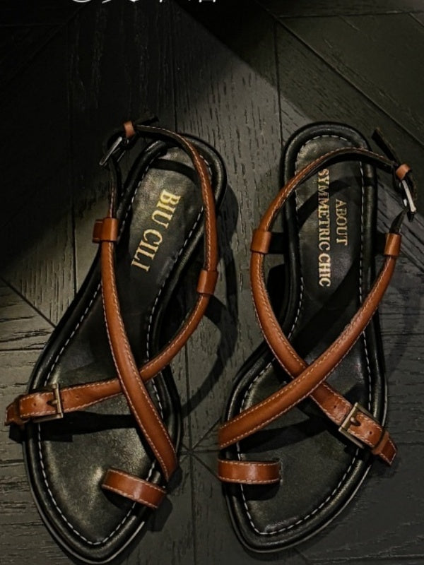BIUCILI "Wu Qianyu's Style" Original Design French Resort Woven Open-Toe Mid-Heel Flip-Flops For Women