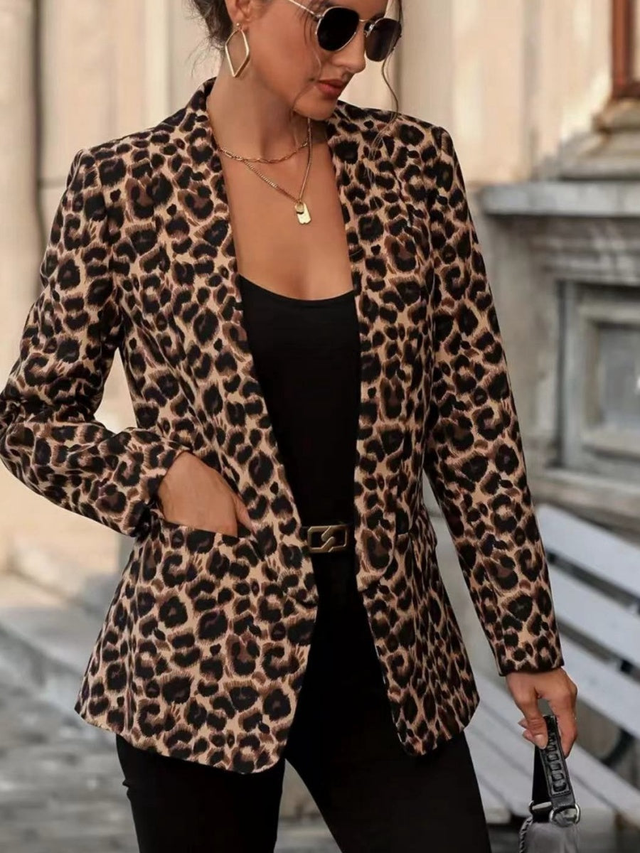 Distressed Cardigan Style Leopard Print Slim Fit Workplace Casual Suit Jacket