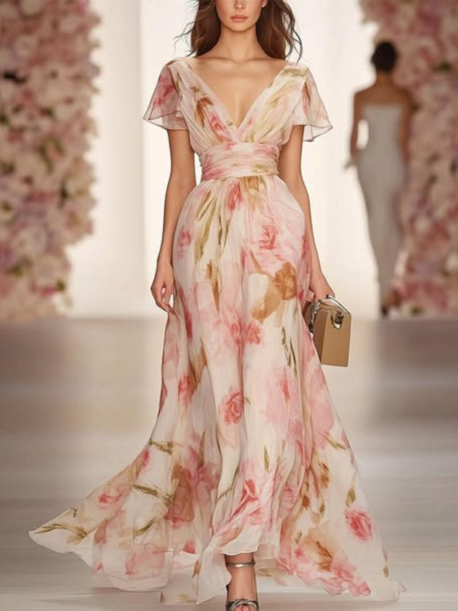 Floral Print Short Sleeve V-neck Long Dress