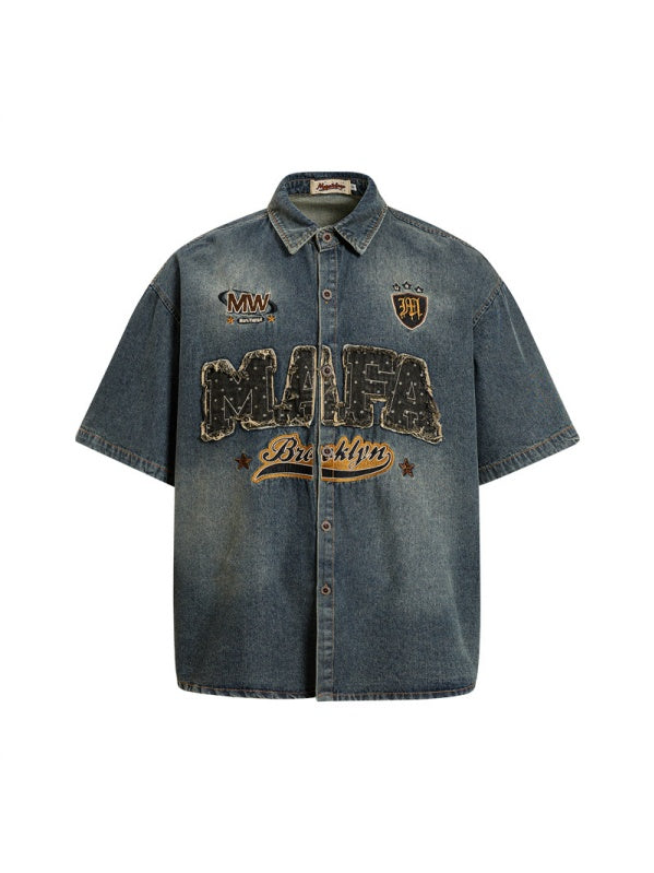 Distressed Edge Grinding Badge Denim Shirts
