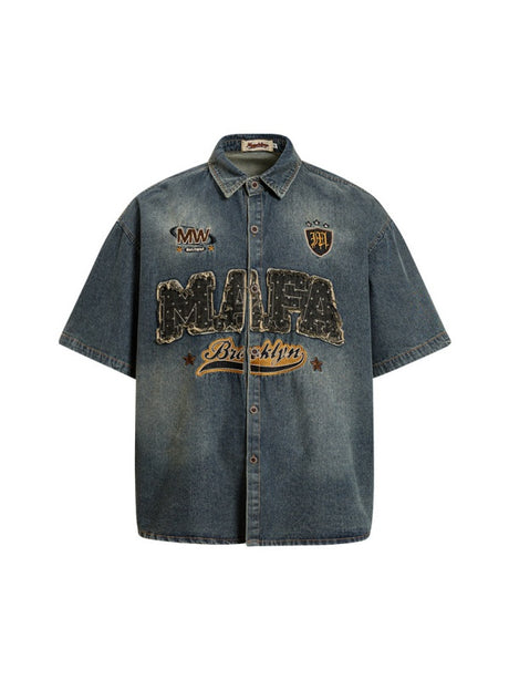 Distressed Edge Grinding Badge Denim Shirts
