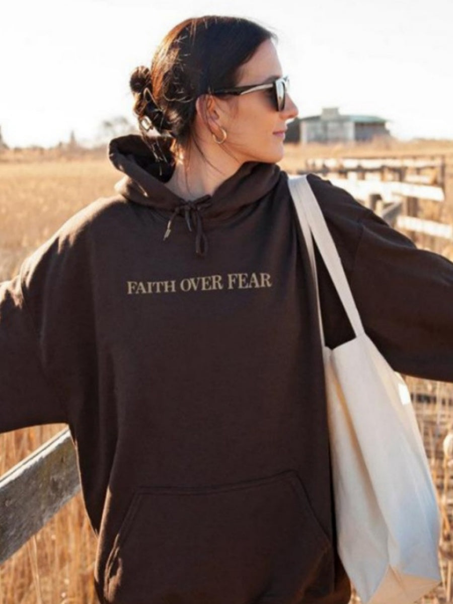 Long Sleeve Leisure Faith Over Fear Print Hoodies