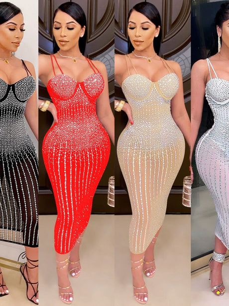 Hip-hugging Rhinestone-studded Midi Dresses