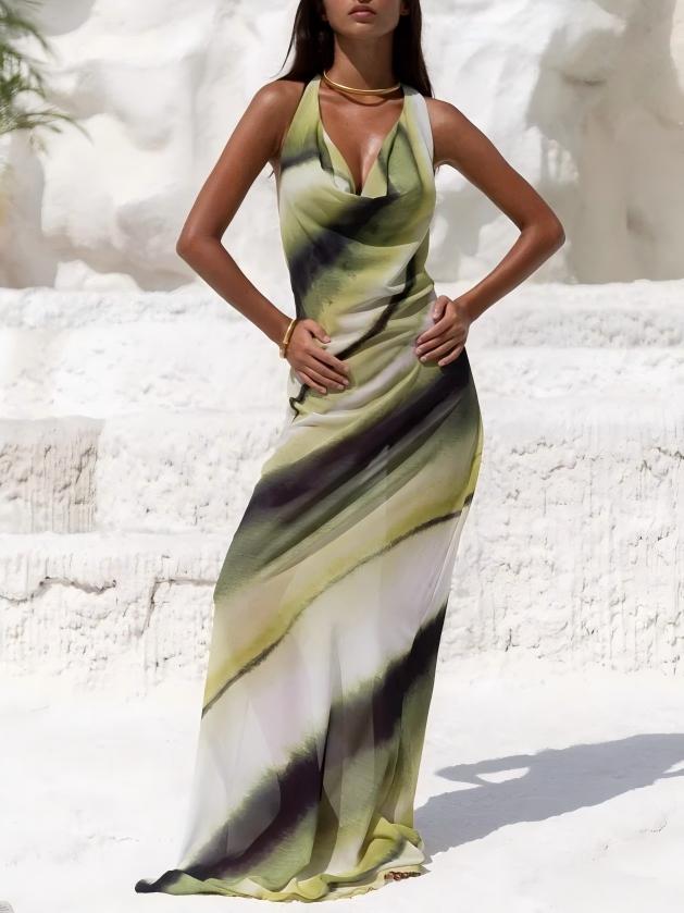 Gradient Print V-neck Slim-fit Bodycon Backless Long Dress