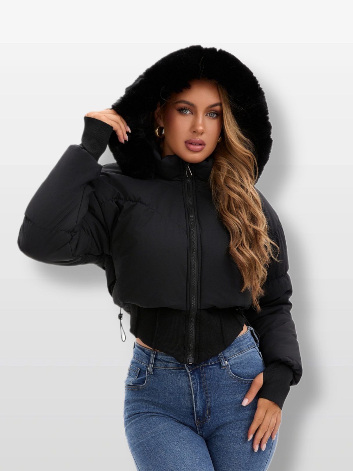 Large Fur Collar Hooded Pockets Short Waist Down Jacket