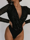 Sequins Perspective Long Sleeves Deep V-neck Jumpsuits&Bodysuits