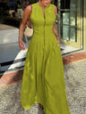 High-waisted Solid Color Sleeveless Zipper Long Dress