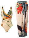 One-piece Swimsuit With Cross-over Print, Revealing Backpack And Hip-revealing Long Skirt (two-piece Set)