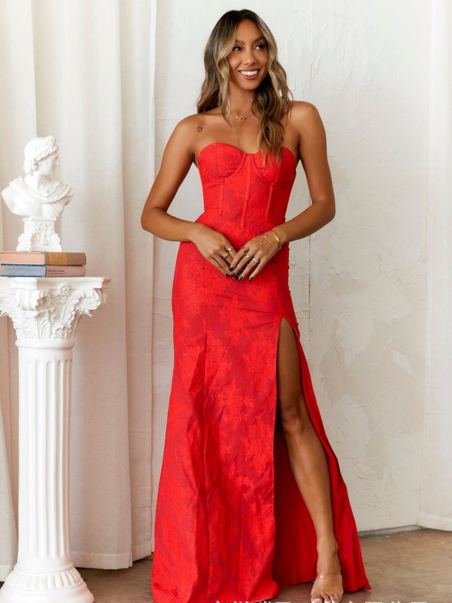 Liber Autumn women's prints Sweetheart Collar High-slit tube-top long dress
