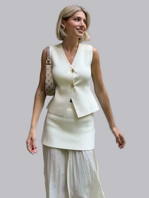 V-neck With Gold Buttons Vest Pleated Skirt 2-piece Sets