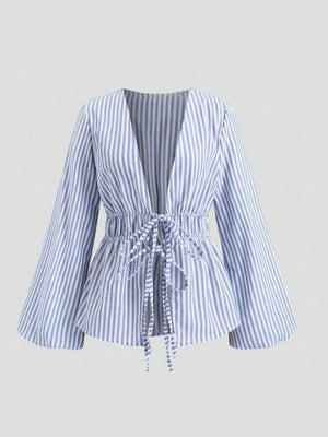 V-neck Long-sleeved Striped Bow-tie Shirt