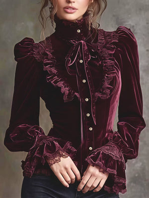 Chemises à col roulé à manches longues en dentelle de velours