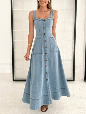 Denim Pocket Buttons Camisoles Maxi Dresses