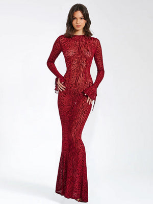 Leopard Print Backless Round Neck Long Sleeve Fish Tail Maxi Dresses