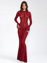 Leopard Print Backless Round Neck Long Sleeve Fish Tail Maxi Dresses